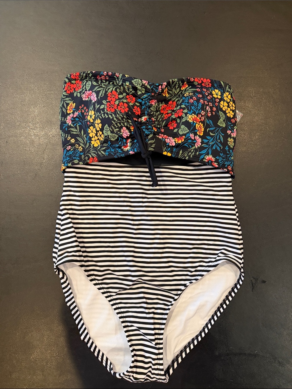 Time and Tru Floral Bandeau One-Piece Swimsuit in Navy, Black, White and Red